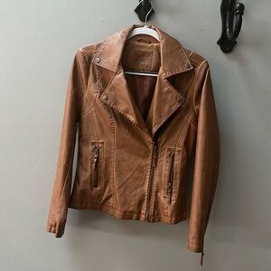 Max Studio Camel lined Distressed Moto Faux Leather Jacket